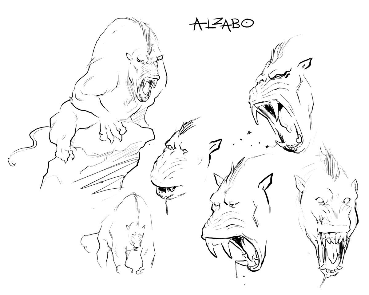 Some misc Alzabo sketches from when I was designing the charming fella. 

Landed on some combination of a Mandrill and a tiger, with the body proportions of a bear mixed with a lion. 