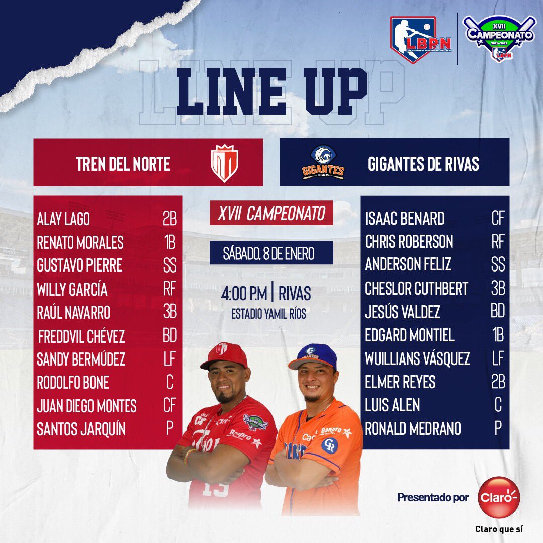 beisbolnic's tweet photo. ¡Lineups en Rivas!

Presentado por @ClaroNicaragua 

Los norteños del @TrenBeisbol buscan como ganar por primera vez en el Yamil  la casa de los @GigantesRivas 

#LBPNPartnerOficial #RoundRobinLBPN https://t.co/mFkNp7qSLy