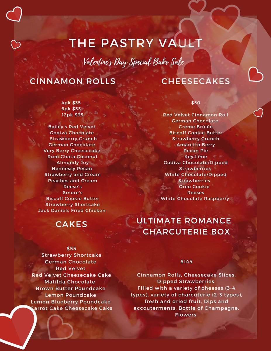 PastryVault's tweet photo. It’s almost Lover’s Season! ❤️ Valentine’s Day 😉 😉 Inbox or Call 205-538-3137. #thepastryvault #mgmeats #pikeroadalabama #pikeroad #montgomeryalabama #womanownedbusiness #valentinesday2022 #mypikeroad https://t.co/ZVO3BCuU9A