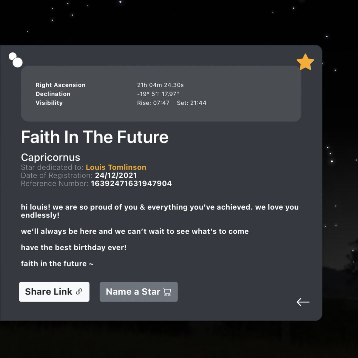 comfortIouis's tweet photo. "Faith in the Future" star dedicated to Louis Tomlinson. 🌟 https://t.co/8IEZW75Dje