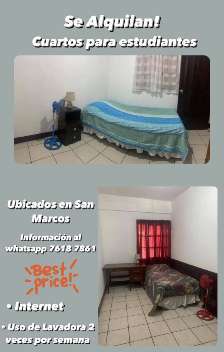 13gdinorah's tweet photo. Se Alquilan Cuartos para Estudiantes en San Marcos, Carazo! Cualquier información al +505 7618 7861, me ayudan con un RT porfavor 🙏🏼❤️ https://t.co/x9lgOc5m1t