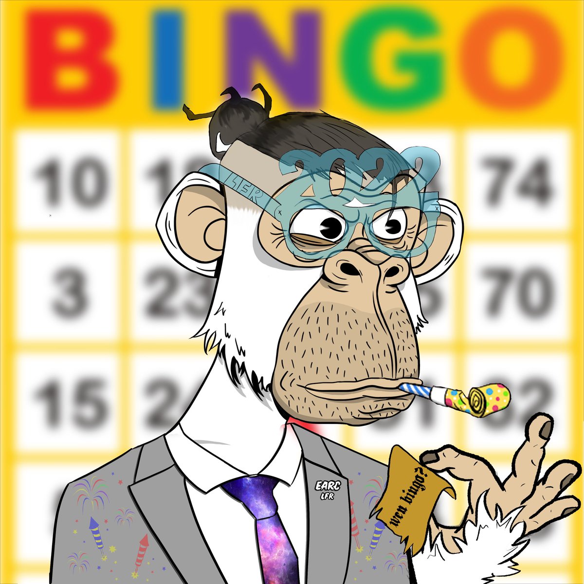 oniiGG_'s tweet photo. WEN BINGO? sporting his dapper suit, new pin badges (snazzy!) and high top manbun, nothing is getting past bingo Bill - not even Gertrude’s excessive amount of N draws #newyearoldme @EARClubNFT - hand drawn :) https://t.co/1Diw4yUhGV