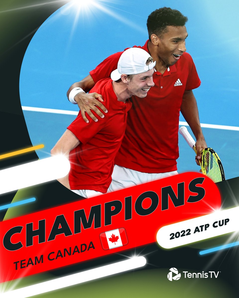 TennisTV's tweet photo. 🇨🇦 CANADA ARE THE 2022 @ATPCUP CHAMPIONS! 🇨🇦

@felixtennis &amp; @denis_shapo complete the sweep over Spain to win the trophy for the Canadians!

#ATPCup https://t.co/QCOVFI8XbT