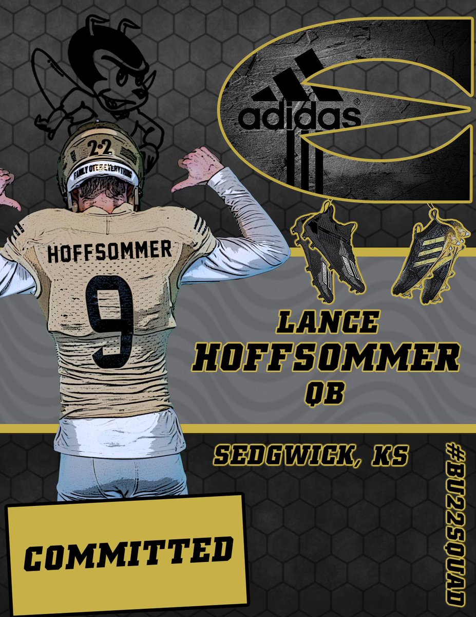 LanceHoffsommer's tweet photo. Thank you to my family and all of my coaches and teammates for getting me to where I am today! I am super excited to announce that I have committed to Emporia State University! Thanks @CoachGHiggins @CoachTeeHarris @CoachEA_ @CoachCash1 @esuhornetsfb #StingersUp #Bu22Squad 🟡⚫️ https://t.co/byWYZZRtVg
