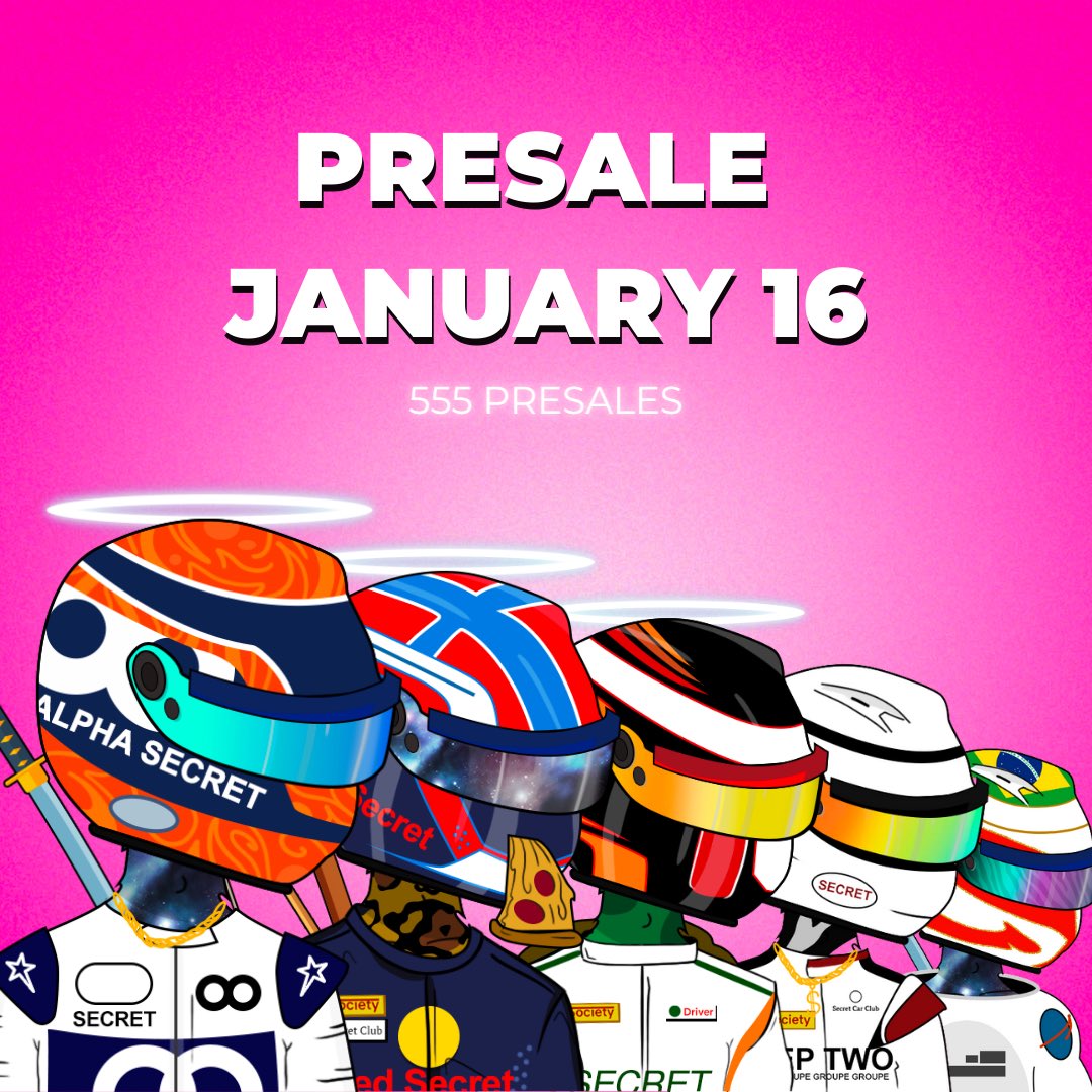 🚨PRESALE DATE IS JANUARY 16🚨
⏲ 11 PM (+1:00) ! 

Get access to the most exclusive NFT Motorsport Community who gives you access to Legendary Car giveaway ($250K), VIP access to GPs and many more advantages 🤑💸🏎🏎

➡️ discord.com/invite/Y7PMETY…