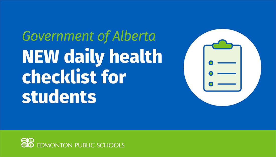 EPSBNews's tweet photo. Alberta Health has updated the daily health checklist for children and adults. To help slow the spread of COVID-19, complete the updated checklist before sending children to school each day. More about the changes: https://t.co/2NAUM4mrAU #yeg #EPSB https://t.co/SrM02gAjFK