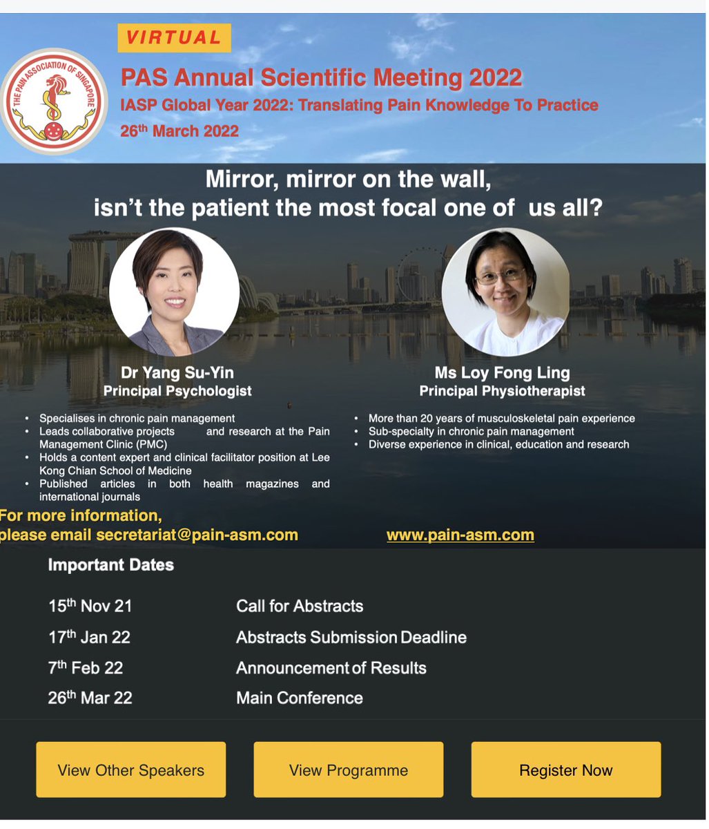 PASpainsg's tweet photo. Introducing our next speakers for #PASASM2022 - Dynamic duo- Dr Yang Su-Yin and Ms Loy FongLin -  they tell us how psychologists and physiotherapists complement each other when managing chronic pain patient. Register at https://t.co/gnzEmWXylm @Wendy_WY_Ng @paintoolkit2 https://t.co/x3IAqJL7Gg