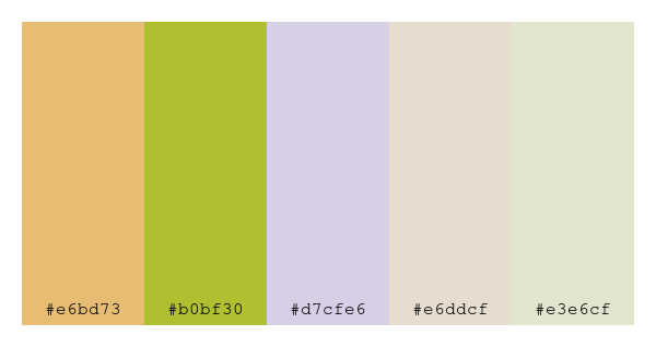 ColPaletteBot's tweet photo. Beep beep, here's a pretty color palette for you!
color-scheme.js parameters used:
- hue: 278
- variation: pastel
- colors: #e6bd73, #b0bf30, #d7cfe6, #e6ddcf, #e3e6cf
Have a lovely evening!
#twitterbot #colorpalette #colors #palette #prettycolors https://t.co/lq4PQmMMzc