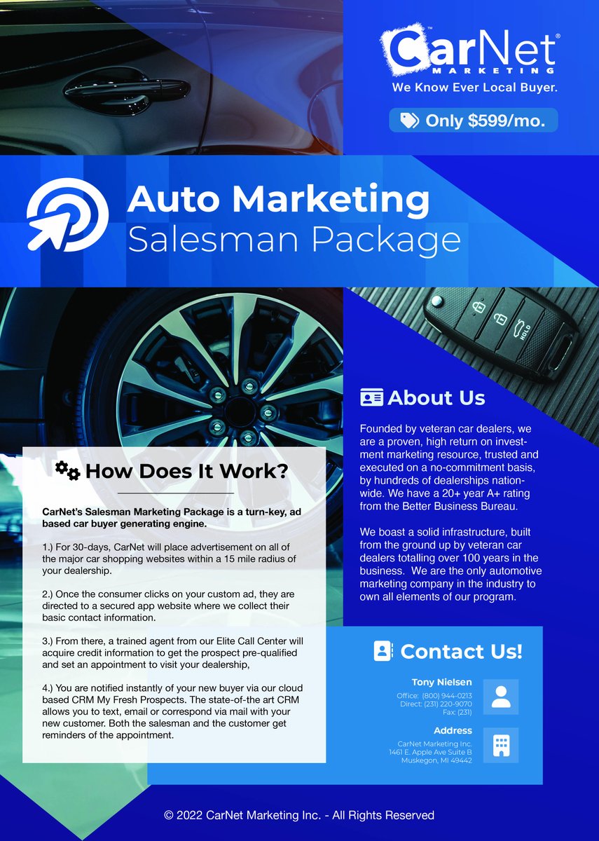 CarNetMarketing's tweet photo. CarNet’s Salesman Marketing Package is a turn-key, ad-based car buyer-generating engine and is priced to fit any salesman's budget. https://t.co/5ymufM4DZi