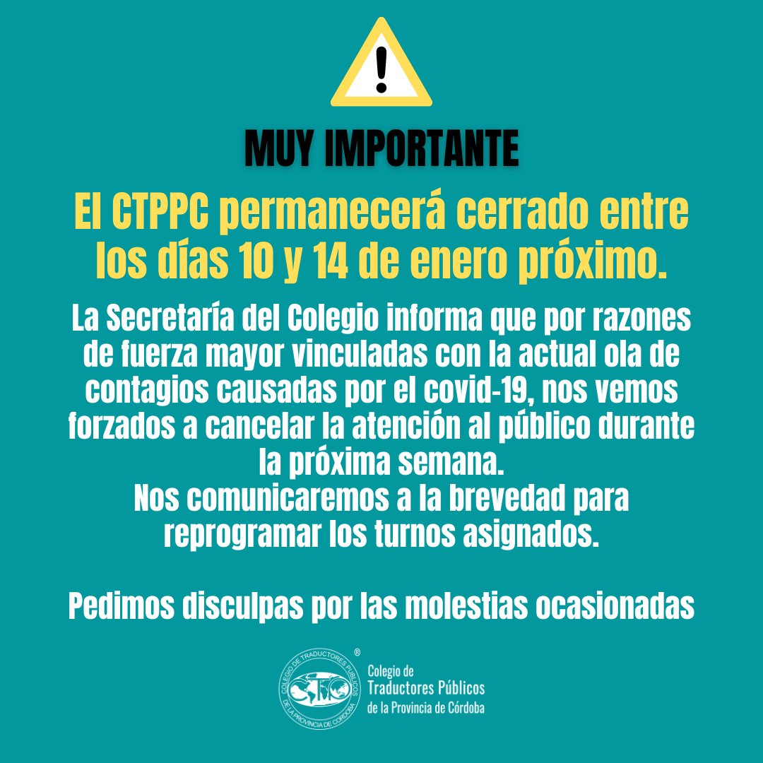 INFO IMPORTANTE⚠

El CTPPC permanecerá cerrado entre los días 10 y 14 de enero próximo.

Por razones de fuerza mayor vinculadas con la actual ola de contagios causadas por el covid-19, nos vemos forzados a cancelar la at. al públ. 

Pedimos disculpas por las molestias.
