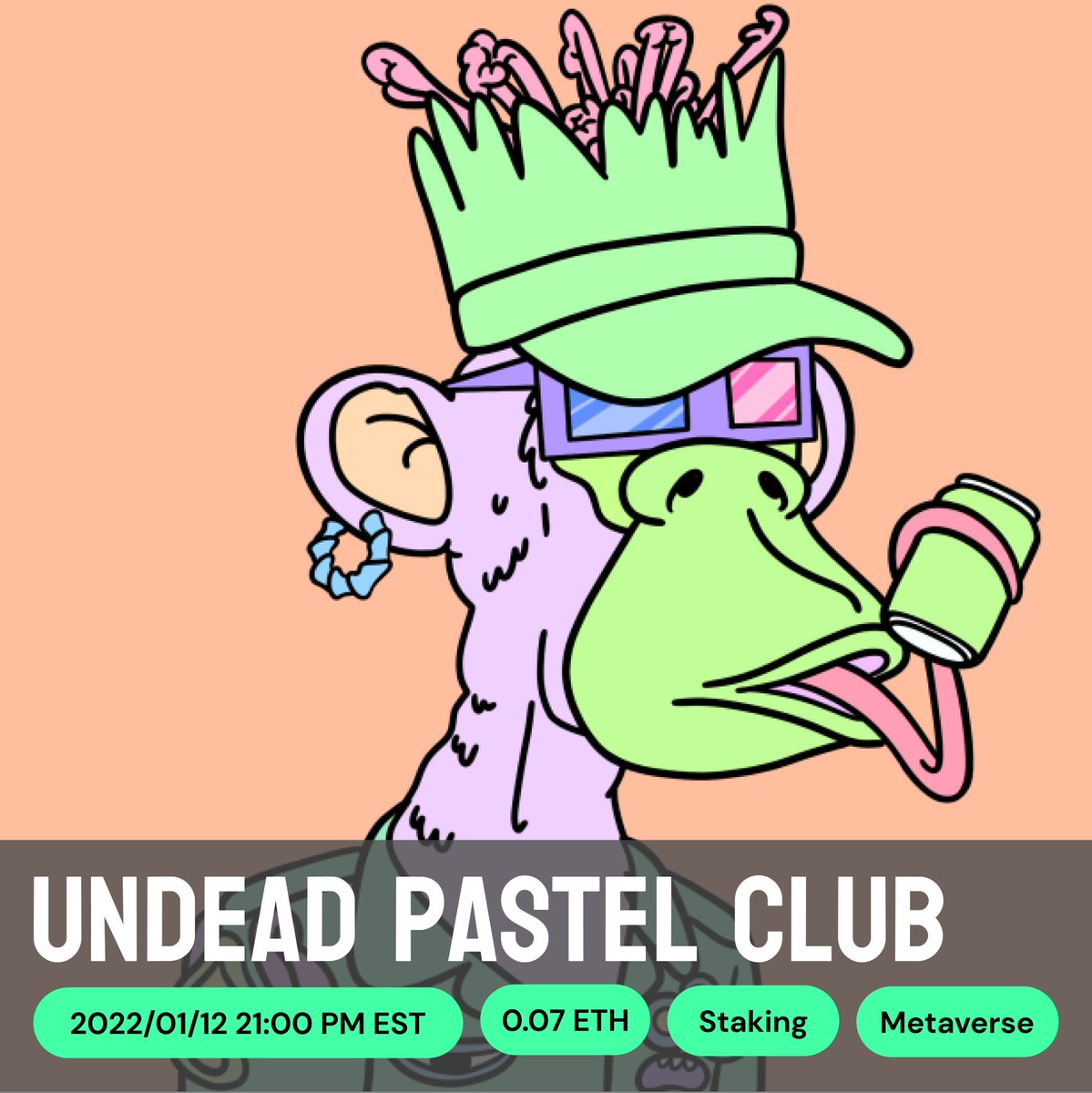 WenDropNFT's tweet photo. @undeadpastelnft is a #MutantApeYachtClub  derivative that will take you into the #metaverse with staking features 🚀

📆 Minting soon on 01/12 09:00 PM EST.

Website: https://t.co/u0lsfBckoi
Discord: https://t.co/YTWufwyawu

#nft #ethereum #myac #byac #undeadpastelclub https://t.co/akJrrq0i9y