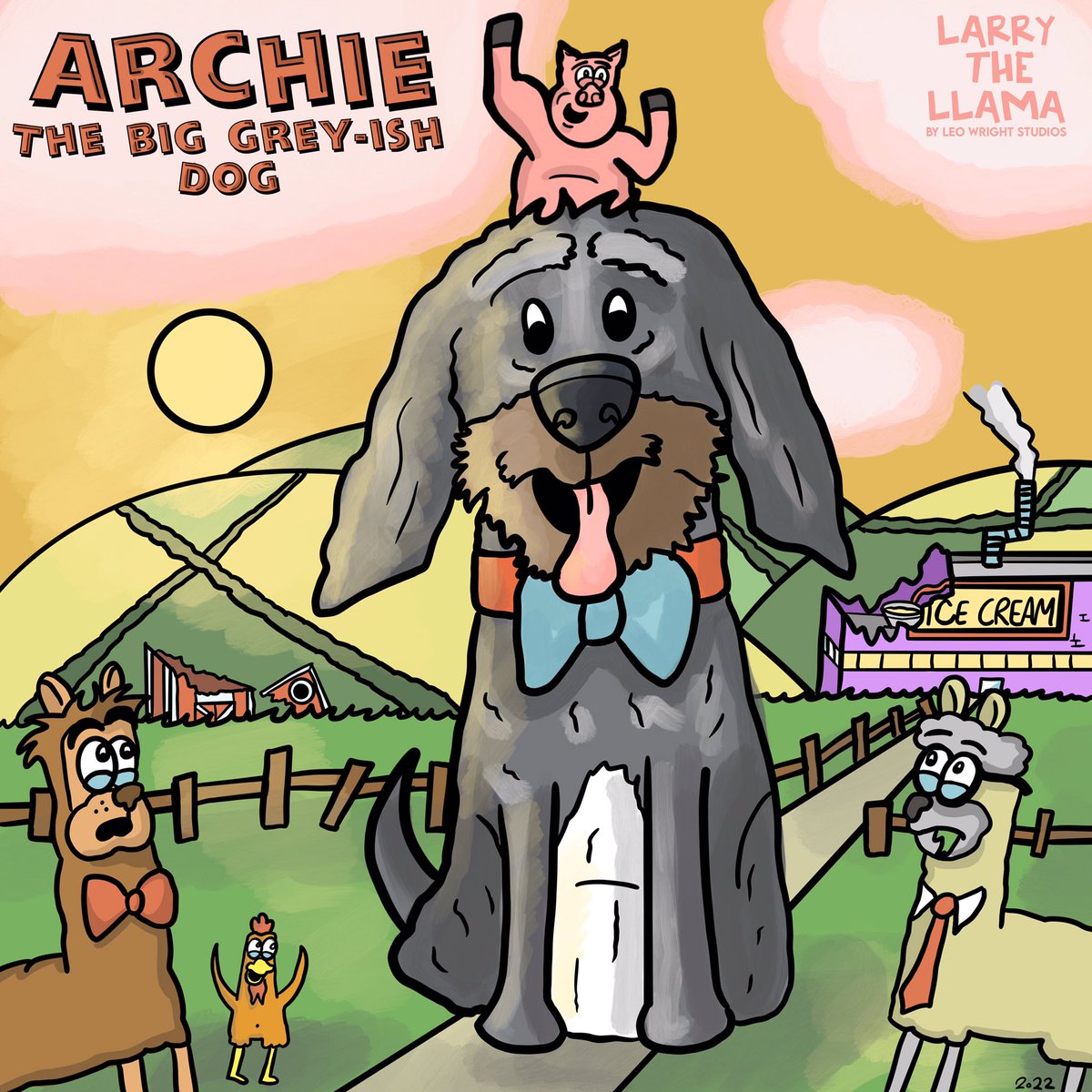leowrightstudio's tweet photo. Larry the Llama and friends are a bit surprised at how much Archie has grown over night. 

Yesterday I saw Clifford the Big Red Dog at the cinema, and Archie, my dog, was a bit jealous, so here he is: Archie the Big Grey-ish Dog. https://t.co/8HNRsQtgvJ