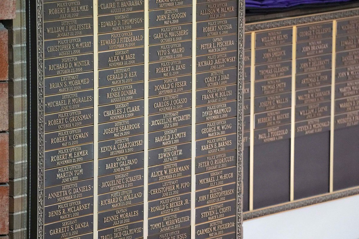 BigApplePhoenix's tweet photo. @JoeBorelliNYC @ManhattanDA The brass plaques bolted to the walls in the Hall of Heroes at One Police Plaza contain the names of countless cops who were murdered trying to arrest people for offenses that are now being blown off by DA Bragg's #BreakingWindows policies. https://t.co/FSDho1XyTM