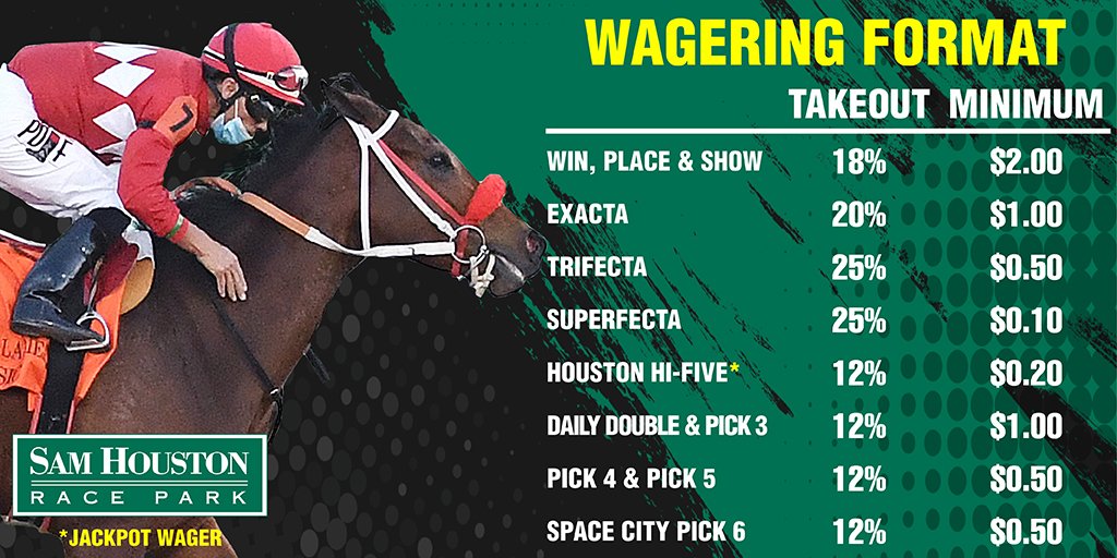Sam Houston Race Park (@shrp) on Twitter photo Saturday, Jan 8 <a href="/SHRPRacing/">SHRPRacing</a>
First Post: 6:55pm CST
Fast/Firm (Rail at 30')
Cloudy/Rain Possible
Carryover:
Jackpot Hi 5- $4,430 (R9)
Scratches:
R1: 5 (No Super)
R2: 6 (No Super)
R3: 1(POE),6,7 (No Super & Hi5)
R6: 8
R7: 4
R8: 6 (No Super) Saturday, Jan 8 <a href="/SHRPRacing/">SHRPRacing</a>
First Post: 6:55pm CST
Fast/Firm (Rail at 30')
Cloudy/Rain Possible
Carryover:
Jackpot Hi 5- $4,430 (R9)
Scratches:
R1: 5 (No Super)
R2: 6 (No Super)
R3: 1(POE),6,7 (No Super & Hi5)
R6: 8
R7: 4
R8: 6 (No Super)