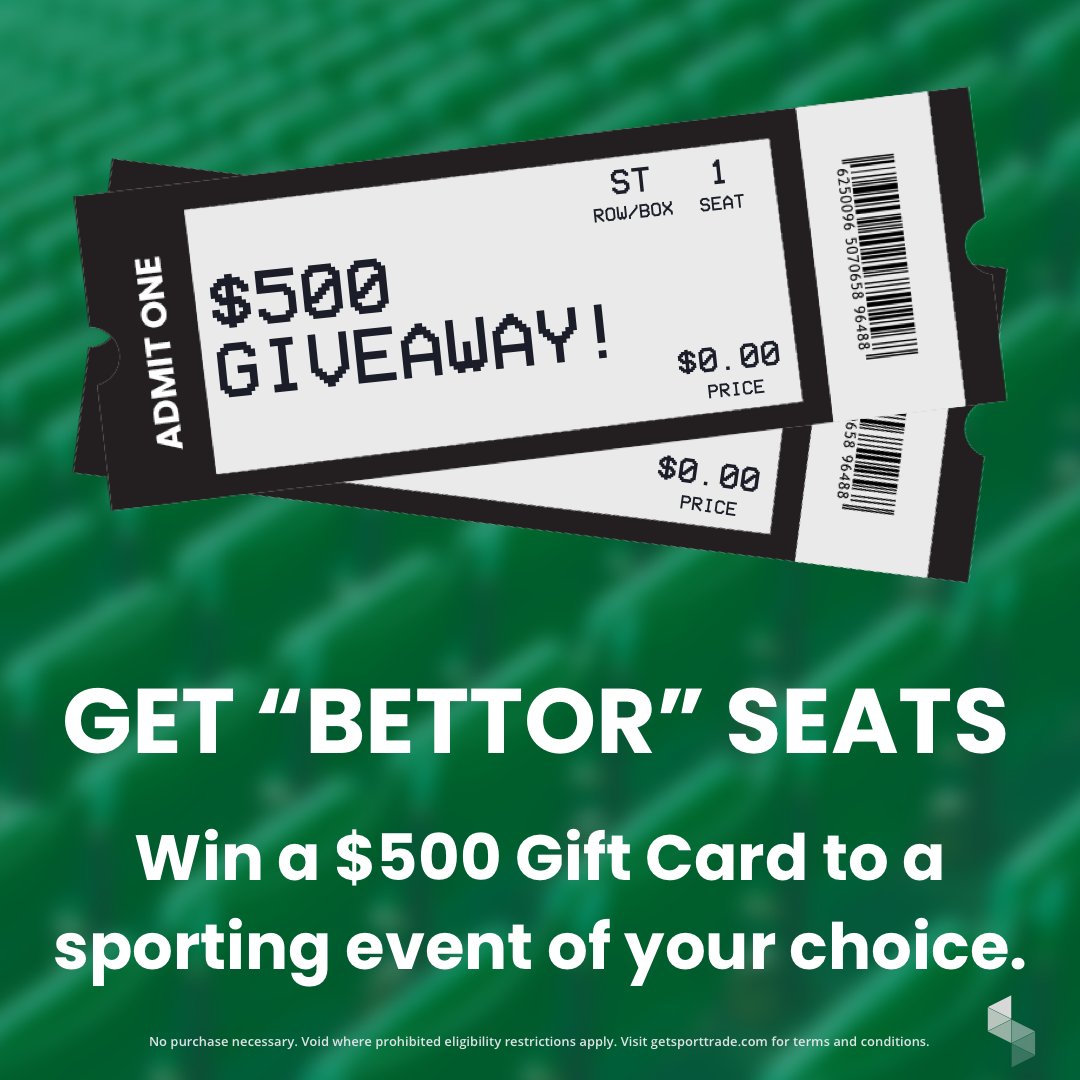sporttrade_app's tweet photo. 🚨 GIVEAWAY 🚨

It's the final week of the Get "Bettor" Seats sweepstakes! Enter for you chance to win a $500 gift card to the sporting event of your choice! 🎟

Here's how to enter:
1️⃣ Follow us
2️⃣ Quote tweet with #TradeUp

T&amp;C's: https://t.co/YfF6QfMU1p https://t.co/Q1BGN2lMr9