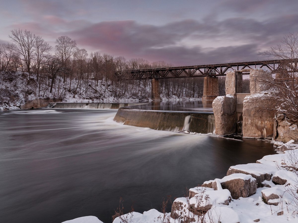 Paris Ontario rail bridge at sunset