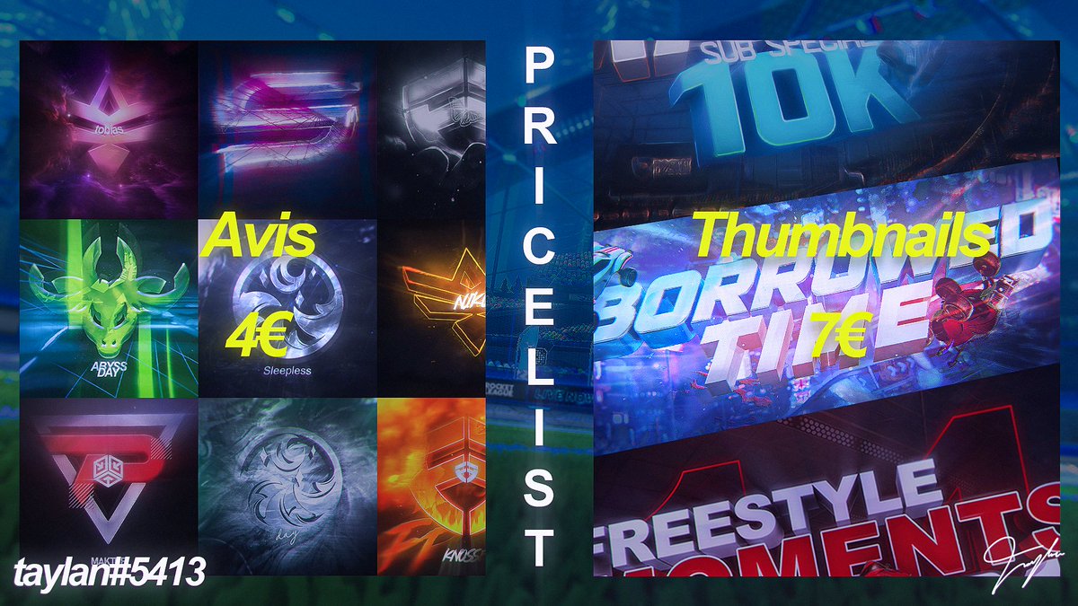 PRICELIST 2022

Avis - 4€
Thumbnails - 7€

Discord: taylan#5413
Behance: behance.net/taylanGFX