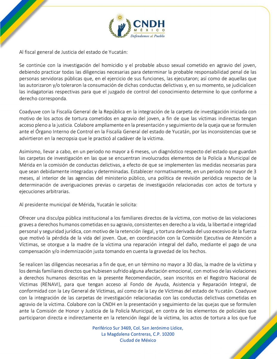 CNDH's tweet photo. #CNDH emite #Recomendación por Violaciones Graves a #DDHH a autoridades de #Yucatán, por la retención ilegal y uso excesivo de la fuerza que derivó en tortura en contra de un joven, y como consecuencia su muerte.

#DefendemosAlPueblo https://t.co/eYMUTlPidE