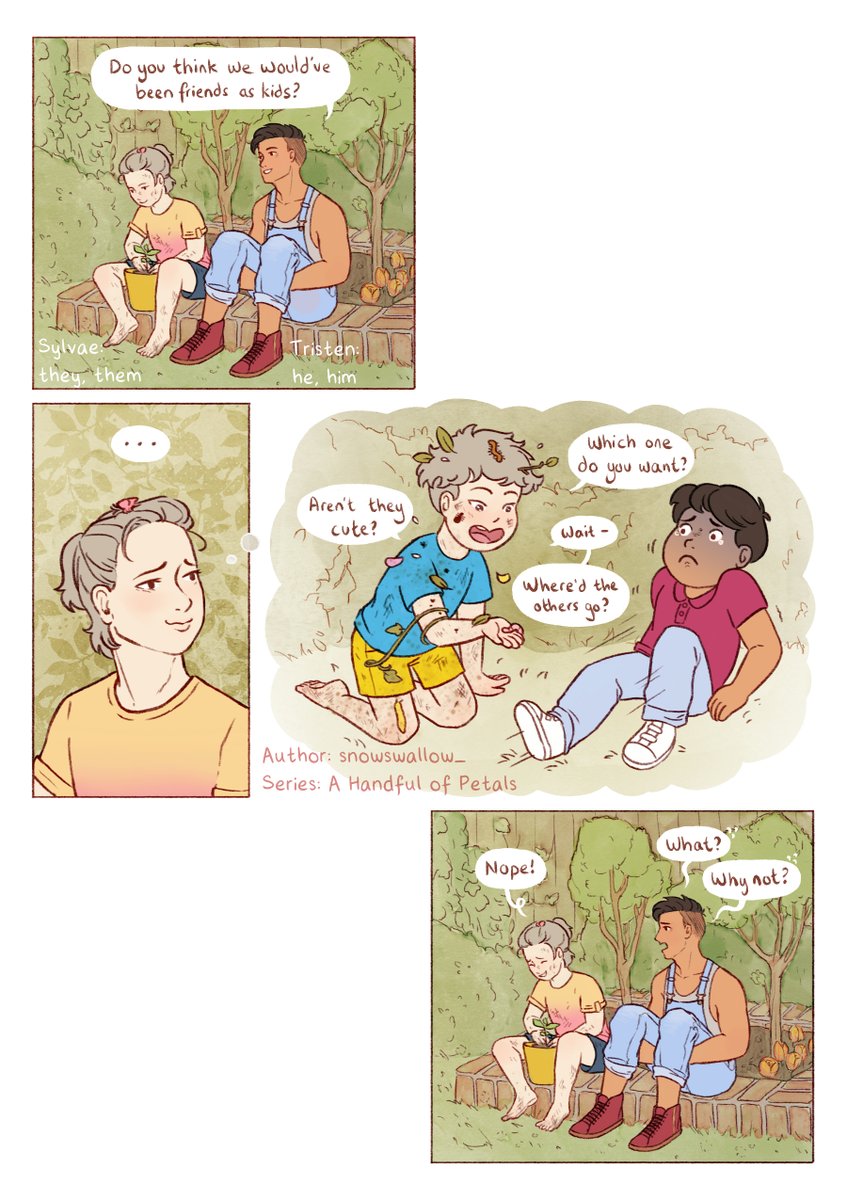 Series: A Handful of Petals
Episode: 3 Friends

A Handful of Petals can be found on Tapas and Webtoon and is a slice-of-life series revolving around a forest spirit and their boyfriend. 
