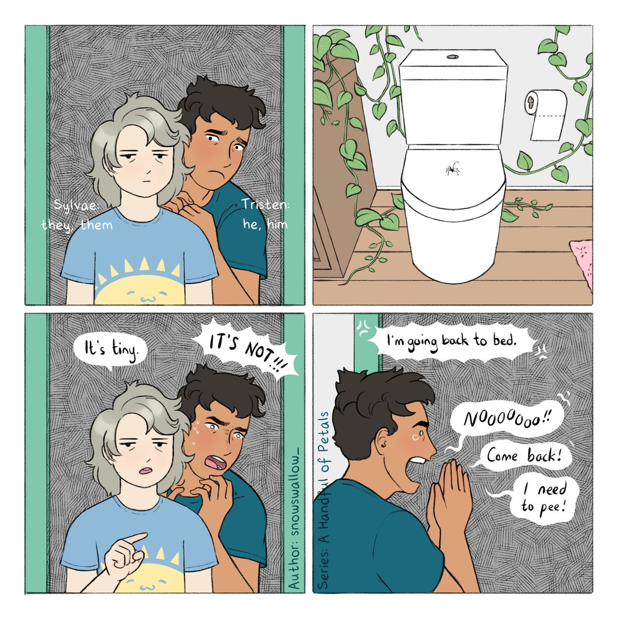 Series: A Handful of Petals
Episode: 5 Bathroom
A Handful of Petals can be found on Tapas and Webtoon and is a slice-of-life series revolving around a forest spirit and their boyfriend.