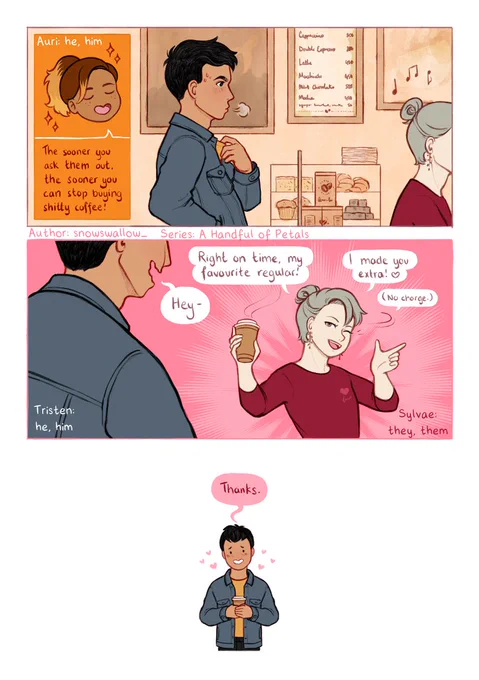 Series: A Handful of Petals
Episode: 10 Coffee

A Handful of Petals can be found on Tapas and Webtoon and is a slice-of-life series revolving around a forest spirit and their boyfriend. 