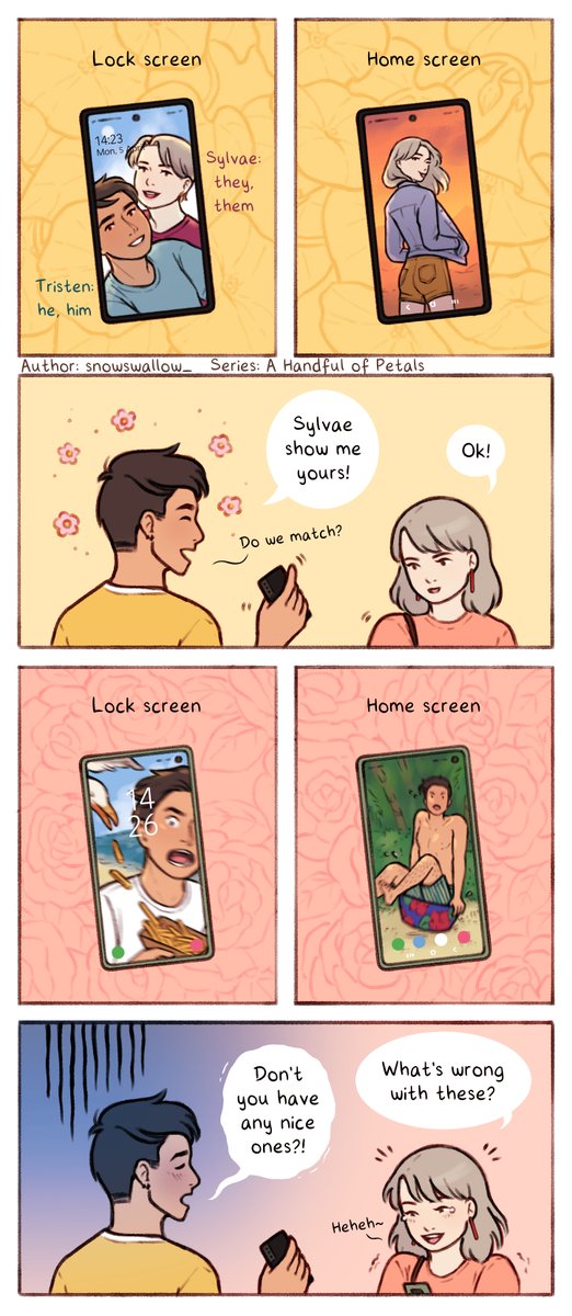 Series: A Handful of Petals
Episode: 11 Lock Screen

A Handful of Petals can be found on Tapas and Webtoon and is a slice-of-life series revolving around a forest spirit and their boyfriend.