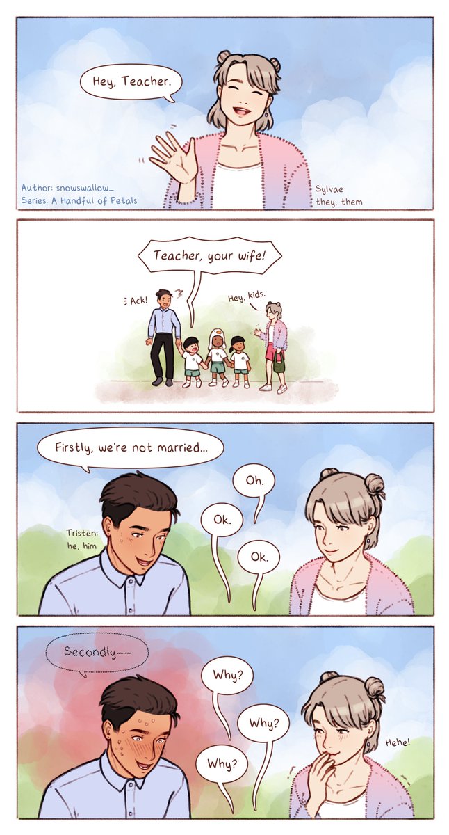 Series: A Handful of Petals
Episode: 13 Teacher

A Handful of Petals can be found on Tapas and Webtoon and is a slice-of-life series revolving around a forest spirit and their boyfriend.