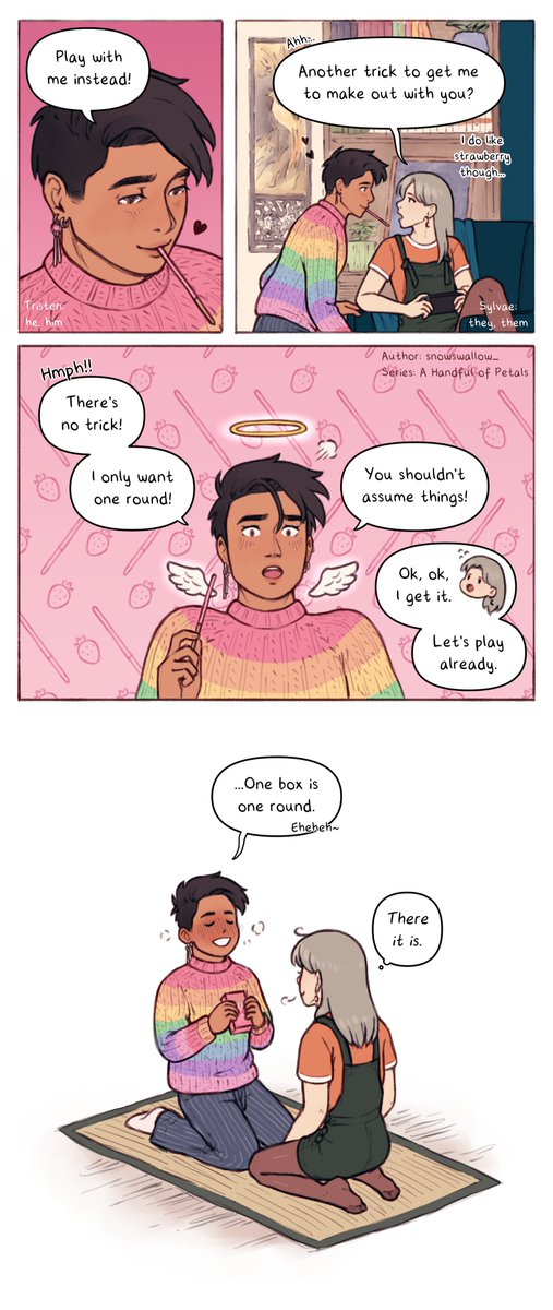 Series: A Handful of Petals
Episode: 26 Pocky Game

A Handful of Petals can be found on Tapas and Webtoon and is a slice-of-life series revolving around a forest spirit and their boyfriend. 