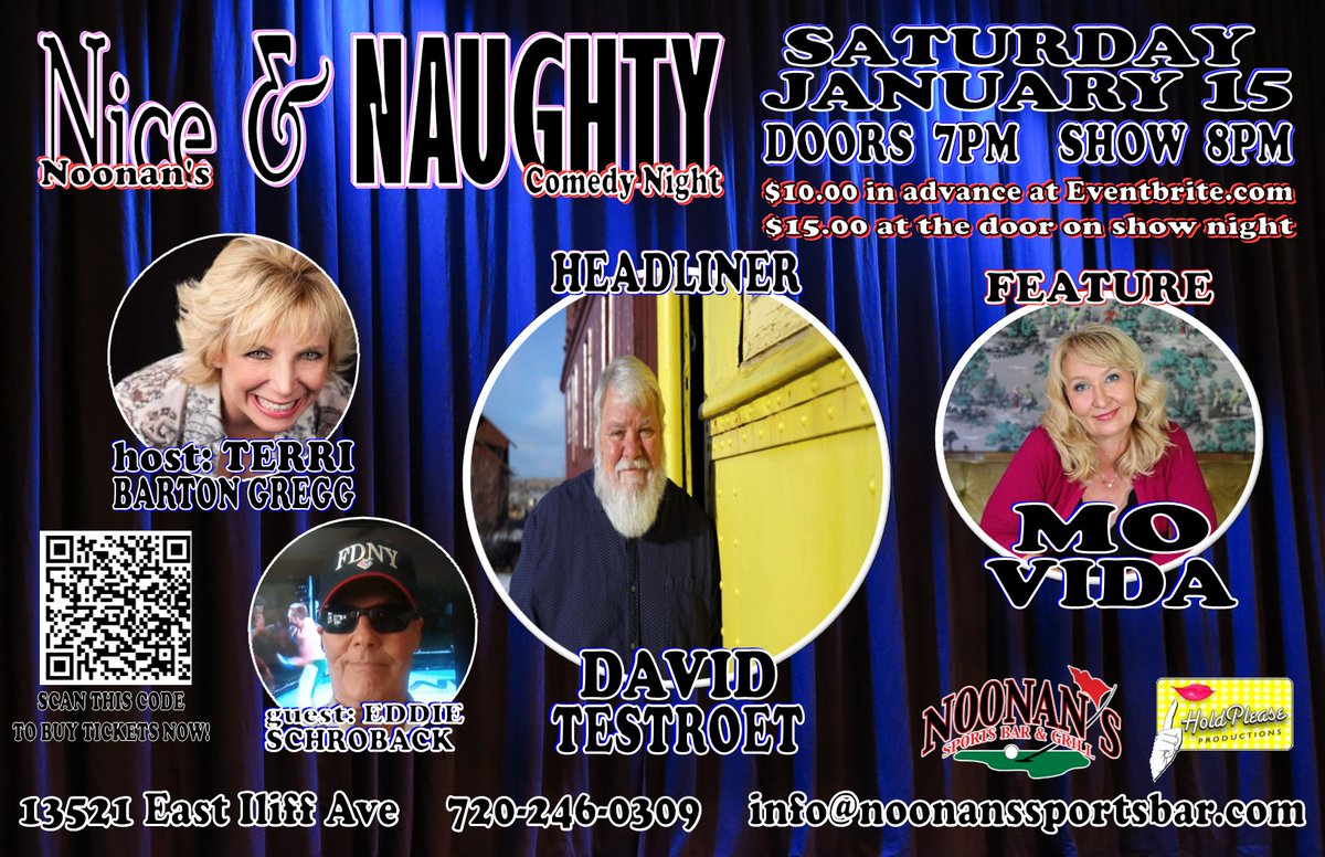 TerriBartonGreg's tweet photo. NOONAN'S NICE &amp; NAUGHTY COMEDY NIGHT!!
SATURDAY JANUARY 15, 2022!! 
DOORS 7PM SHOW 8PM!! 
HOST: Terri Barton Gregg
HEADLINER: David Testroet 
FEATURE: Mo Vida 
GUEST COMIC: Eddie Schroback 
Tickets $10 Online $15 At the Door!!
https://t.co/SIISoOT72c https://t.co/uVJU8xmwX6