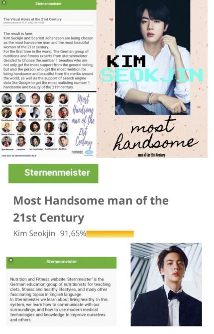 jin_united's tweet photo. 'The male god of beauty' BTS' Jin, selected as 'the most handsome man of the 21st century'
Jin, who boasts perfect features, was selected with 91.65% of the votes among top male stars worldwide, proving his popular beauty + full translation #JIN #진
https://t.co/gCA0HYtmU5 https://t.co/4gSp5isxeX