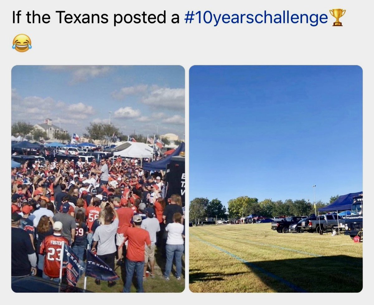 usmcaggie's tweet photo. #10YearChallenge this is so sad.. the #YellowLot at #NRG #Stadium for #houstonTexans games. The pic on the left, #2012 pic in the right, #2021 this is how far the #texans have fallen. Yet the #org doesnโt realize how bad they truly are. #nfl #houston #texans https://t.co/SGkbaWkdqL
