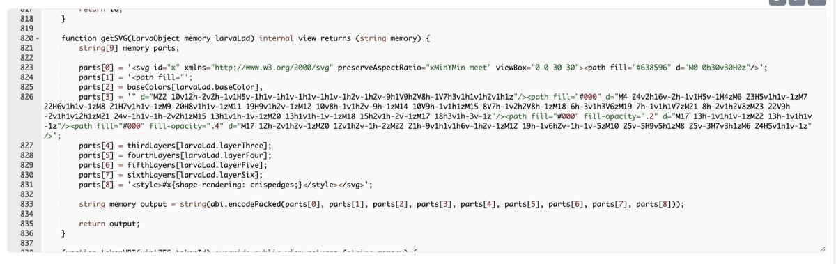 larvalads's tweet photo. @akastrts @jackbutcher I'd encourage you to look at our contract! It's pretty simple and fairly easy to read. The majority of the image construction occurs in this function: https://t.co/DpiseFc7v1