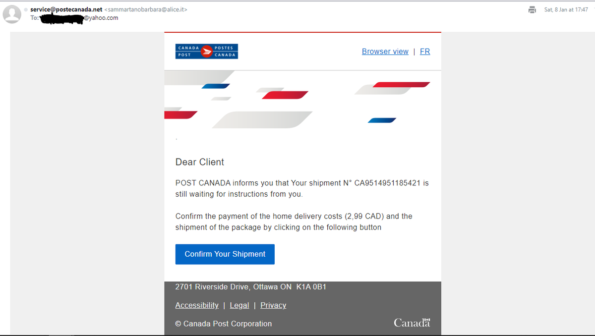 shaddycray's tweet photo. I keep getting these Cloned Phishing emails from Canada Post, Well I know it's not from @canadaposthelps from the email ID ( service@postecanada.net <sammartanobarbara@alice.it>/ service@postecanada.org <gravag1@alice.it>).
@canadaposthelps please take this up. https://t.co/fL6kCAsKw8