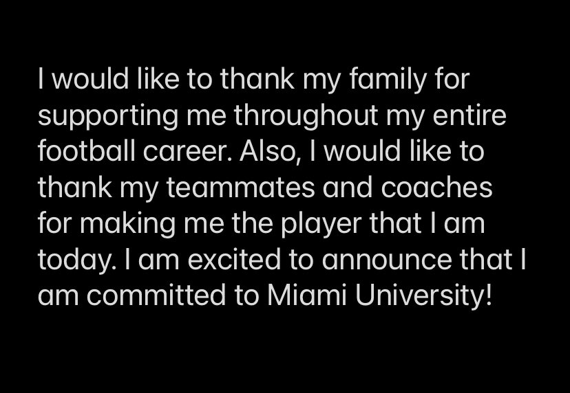 Brady_Villa21's tweet photo. Excited to announce my commitment to Miami University! @MiamiOHFootball @CoachWhit_MU @LoganM_MU @JibrilleFewell @coach_carter77 @CoachLeggett78 @Clegg_Staffing @CoachNahum60 @UCNCFootball @UCHOOPS https://t.co/I2VoNaZxAL