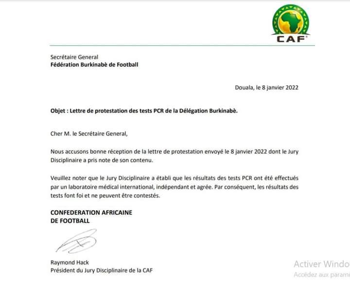 sidiklombardi's tweet photo. #ACTU_CAN
Réponse de la CAF au Burkina Faso par rapport aux test covid.
#CAN2021 
#afcon2021
#lacandesidik https://t.co/ovcH0hFtHJ