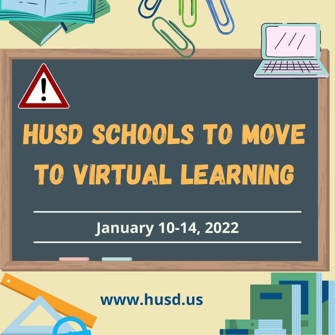 ochoamiddle's tweet photo. HUSD schools will transition to virtual learning from January 10-14. Click the link below for more details and stay tuned for additional communications. 
https://t.co/1mkSd2nd1O https://t.co/jkK6MXcLyj