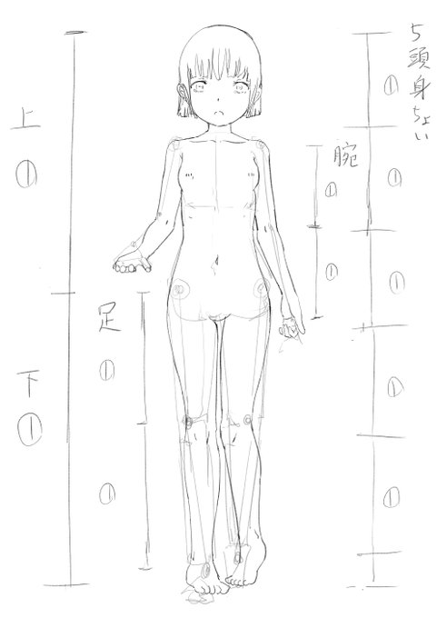 普段全く書かないんですが、真面目にアタリを書いてみたら描きやすかった!特にポーズを取らせるときはアタリ書いた方がいいかもなぁ

ちなみに1:1比率は体を描くとき覚えておくと便利なやつです
頭身は個人的に5～6ぐらいが好き 