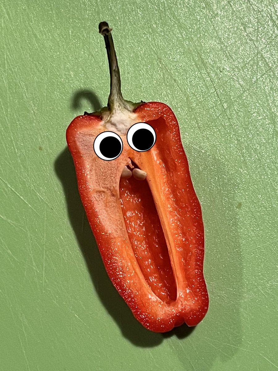 johnhaney's tweet photo. So Katie sliced open a mini pepper and Googly Eyes 👀 are just right for it! 😂 https://t.co/j5kp8tog6c