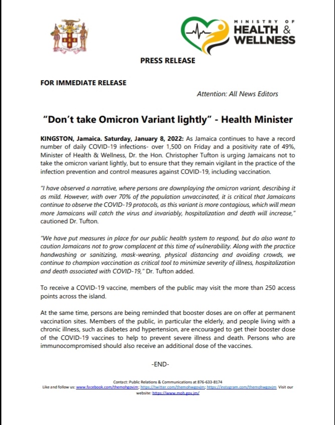 themohwgovjm's tweet photo. 📍PRESS RELEASE📍

Minister of Health &amp; Wellness, Dr. the Hon. Christopher Tufton is urging Jamaicans not to take the omicron variant lightly . . .

@christufton @julietcuthbert https://t.co/bs2qZwJPGL