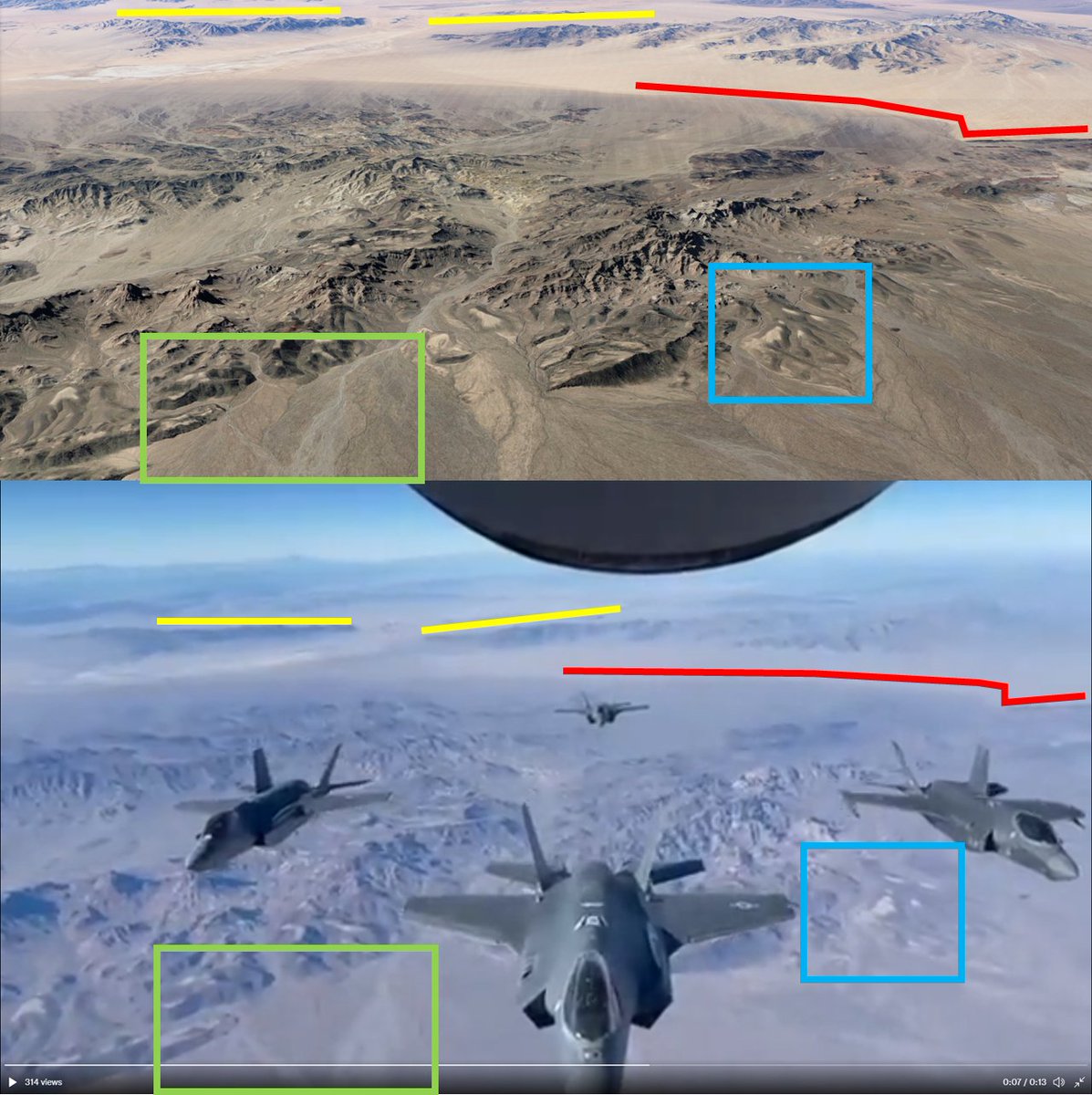 ameliairheart's tweet photo. 2 AZ ANG KC-135s (COPPER6 59-1450 #AE047D, COPPER7 63-8036 #AE014F) flew with 12 F-35s from Luke AFB. One of the photos taken as part of this exercise shows one of the tankers with four F-35s at 34.502, -115.004. One of the videos was taken at 34.395, -114.402. #ADSB https://t.co/cschHdk12N