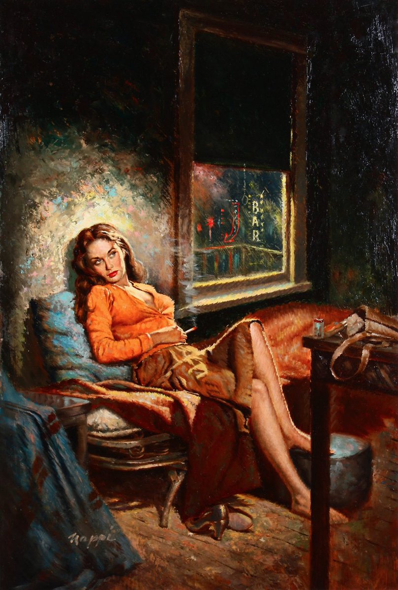 You lit my reefer.
So?
Whaddya want, Joe?
A medal?

Neil G 🖤🖤🖤

#noir #darkheart #noirpoetry 

<a href="/MercurialNight/">Mercy ♣️</a> 

Cover art: Rudy Nappi
Reefer Girl - Cameo Books, 1953