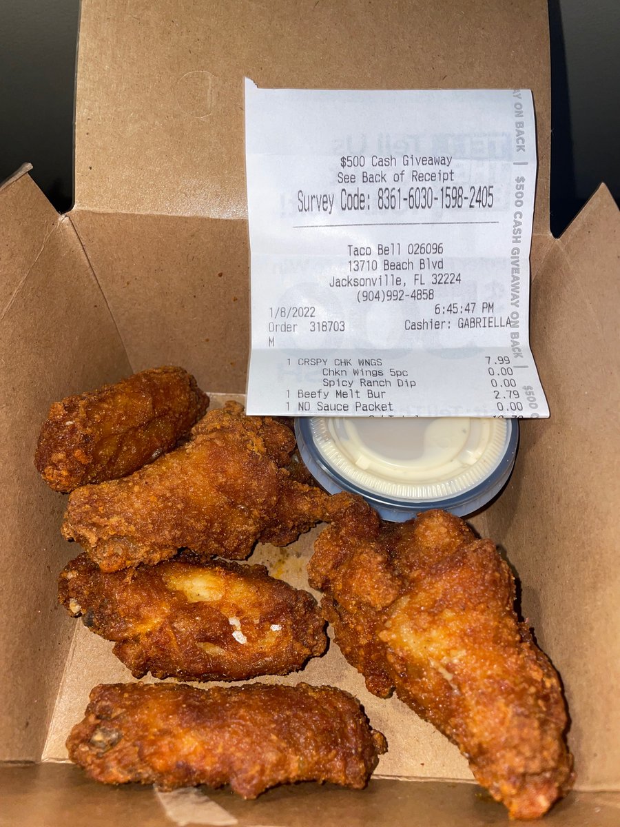 Timitayou's tweet photo. @tacobell why are my wings $7.99 in Jacksonville, Florida?? I thought they were priced at $5.99? 🤔 https://t.co/Tc6Jy79cIq