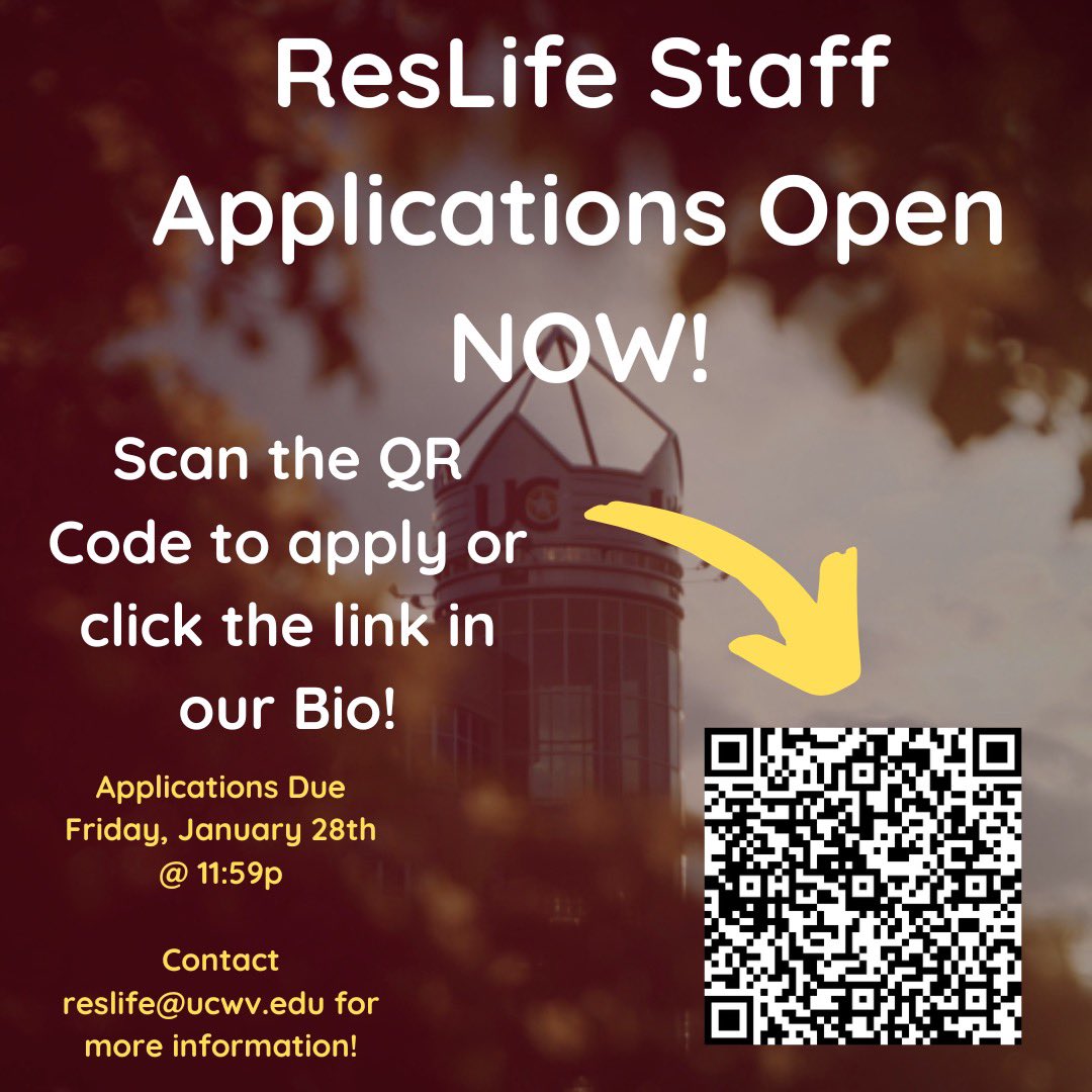 UCWV_ResLife's tweet photo. The time has come! Res Life Staff Applications (RA &amp; CA) are NOW OPEN!! Get your application in today! https://t.co/ShM526D64N