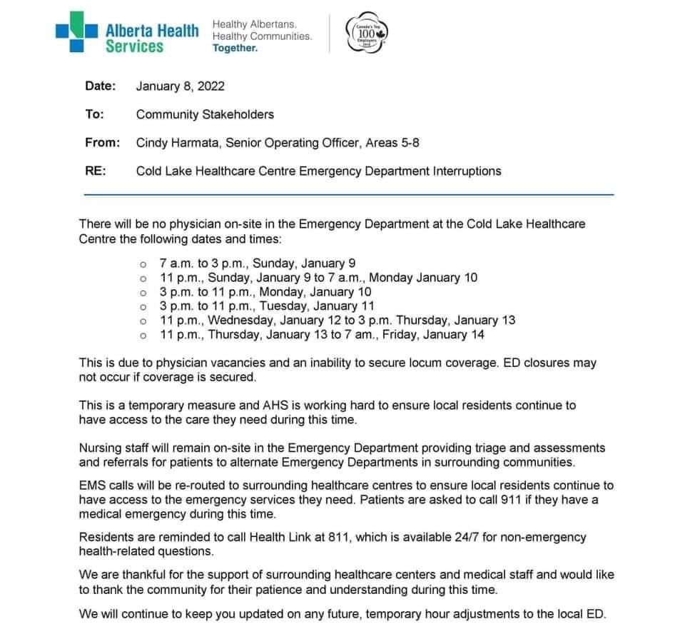 fadeyiw's tweet photo. Cold Lake ER struggles. Shortage of doctors for the past two provincial governments. #er #noer #doctors #abpoli #ndp #ucp #wehaveaproblem #ahs #ahsrestructure #coldlake https://t.co/5OJ1s19Jpn