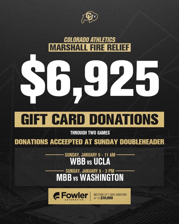 Still time to donate! 

The Buffs have raised $6,925 through two games for Marshall Fire relief. Gift card donations will continue to be collected at Sunday's <a href="/CUBuffsMBB/">Colorado Men's Basketball</a> &amp; <a href="/CUBuffsWBB/">Colorado Women's Basketball 🦬</a> double header 🦬

<a href="/FowlerAuto/">Fowler Auto</a> is matching donations up to our $10k goal 🤝