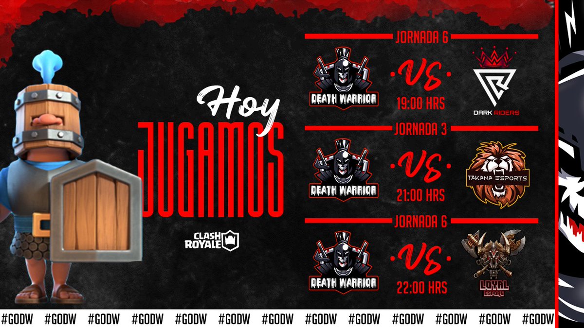 #CR | MATCH DAY 

Grandes encuentros contra grandes equipos 🌝

🏆 | <a href="/AMCRoyale/">AMC</a> [J6]
🆚 | @DarkRidersMx
⏰ | 19:00 🇵🇪

🏆 | <a href="/AGMaster_League/">Master League</a> [J3]
🆚 | <a href="/EsportsTakana/">Takana Esports</a>
⏰ | 21:00 🇵🇪

🏆 | <a href="/PagsuTL/">PGaming League</a> [J6]
🆚 | <a href="/Esport_Loyal/">Loyal eSports🇲🇽</a>
⏰ | 22:00 🇵🇪

#GoDW
🎨 | <a href="/CaveQs/">QS I Cave</a>