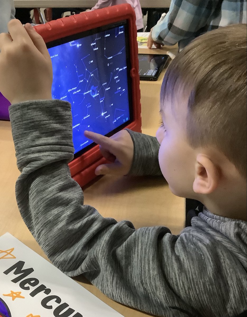 Gamerd0g's tweet image. First Grade #STEMeducation “Observing the Night Sky”Explorers successfully navigated to objects in the sky using the #starchartapp and their iPad as a virtual telescope!  After a quick study on navigating the app, students clicked and zoomed through the solar system! #science