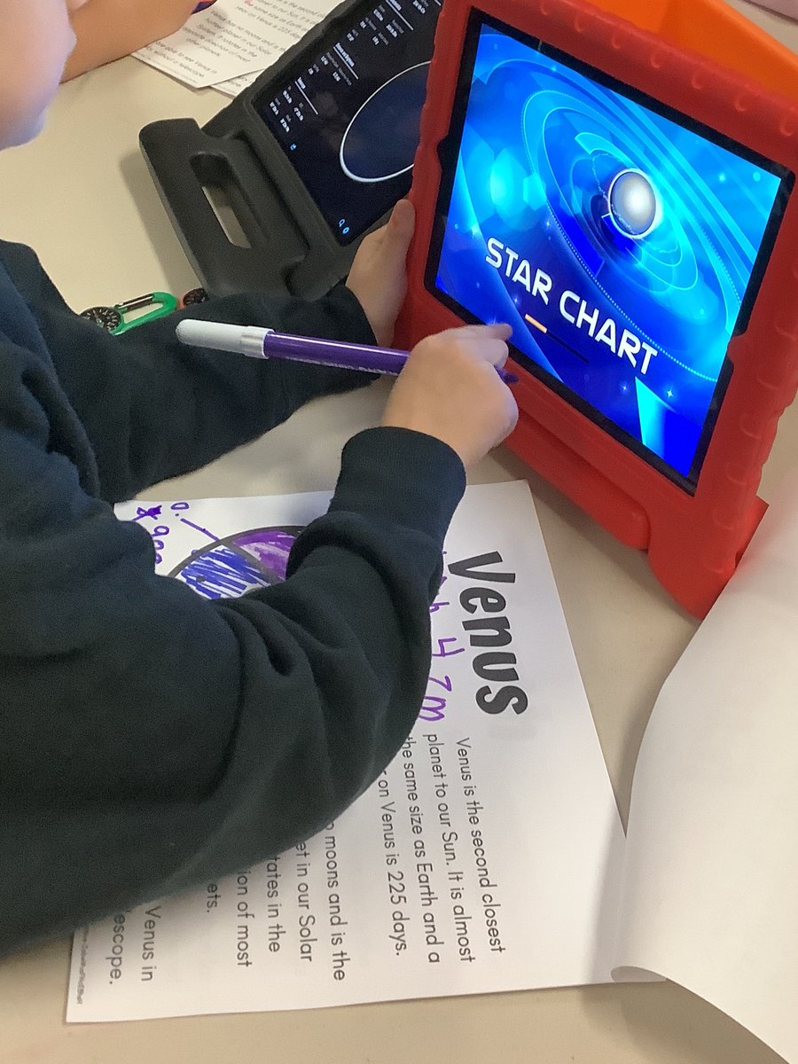 Gamerd0g's tweet image. First Grade #STEMeducation “Observing the Night Sky”Explorers successfully navigated to objects in the sky using the #starchartapp and their iPad as a virtual telescope!  After a quick study on navigating the app, students clicked and zoomed through the solar system! #science