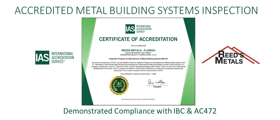 IntlAccredSvc's tweet photo. Congratulations Reed's Metals in Horseshoe Beach, Florida, for becoming an IAS AC472 Accredited Metal Building Systems Manufacturer. Demonstrating compliance with the IBC and IAS AC472.  https://t.co/Mezkn9mmZy #IASAccredited #AC472 #IBC  #ReedsMetals  @ReedsMetals https://t.co/Ta8MqRnUIK