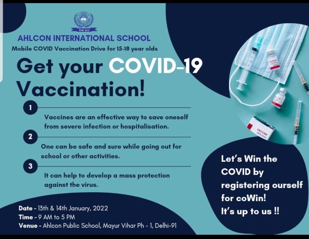 #vaccination is the only solution to fight COVID . Ahlcongroupofschools alongwith Delhi govt creating an opportunity for our friends between age 15 to 18 to get vaccinated. Join the movement.